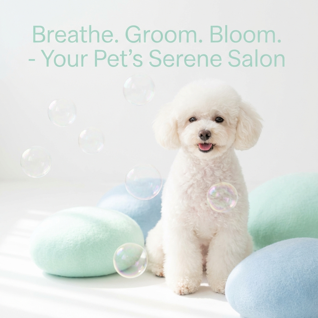 福井市のペットサロンBUBBLESでリラックスする清潔なふわふわの犬