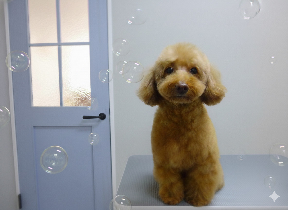 福井市のペットサロンBUBBLESでリラックスする清潔なふわふわの犬